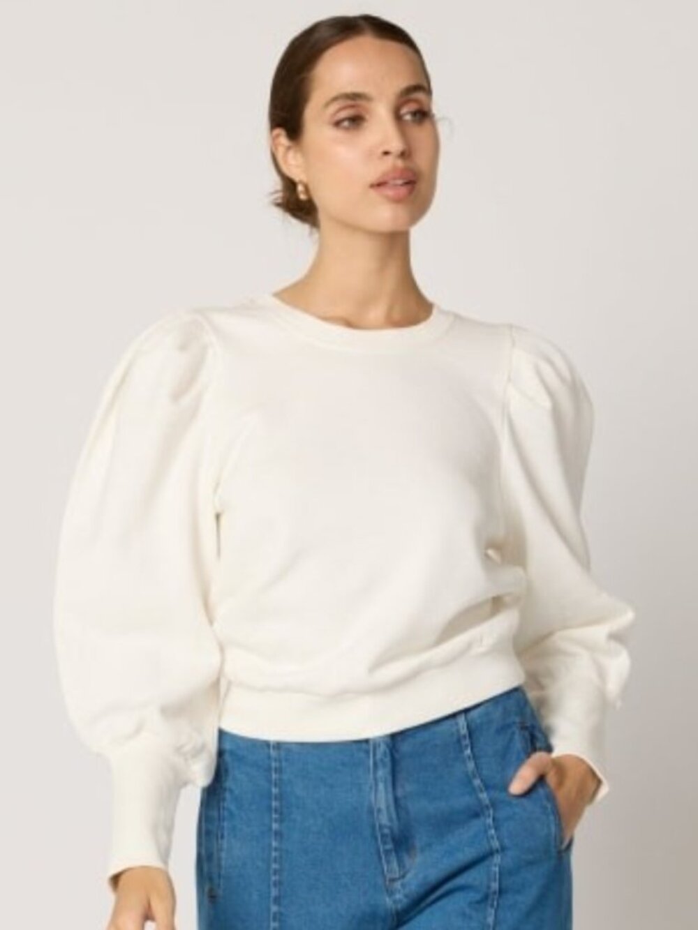 Cleobella $188 Womens Small Indi Cream Crop Trendy Boxy Puff Sleeve Sweatshirt